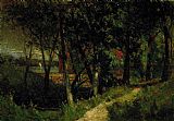 landscape, forest scene with red fence and building by Edward Mitchell Bannister
